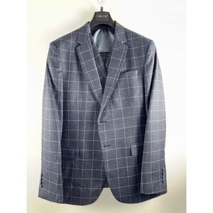 VERSINI Slim Fit Suit 3 Piece Gray Windowpane Plaid 52R‎ Jacket Vest Pants Mens